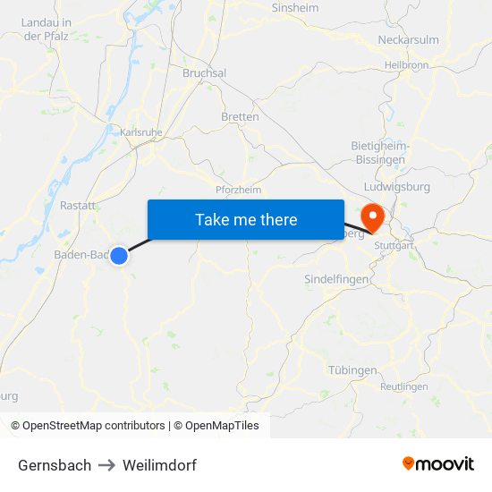 Gernsbach to Weilimdorf map