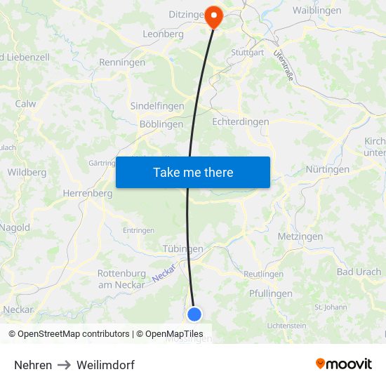 Nehren to Weilimdorf map