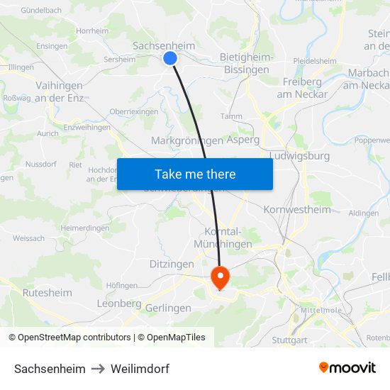 Sachsenheim to Weilimdorf map