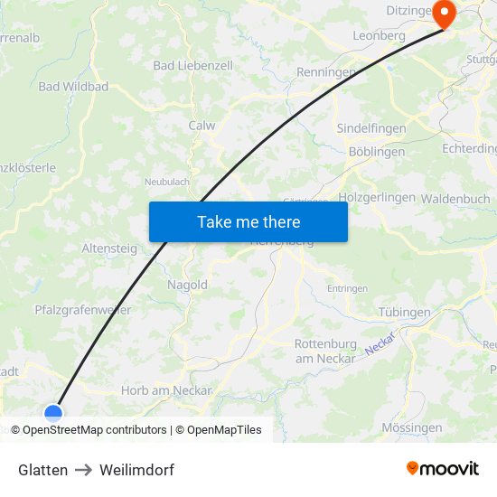 Glatten to Weilimdorf map