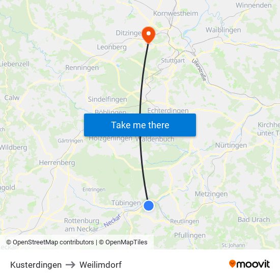Kusterdingen to Weilimdorf map