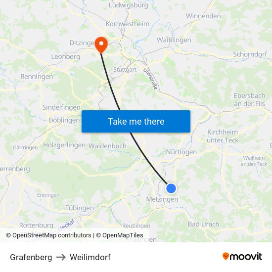Grafenberg to Weilimdorf map