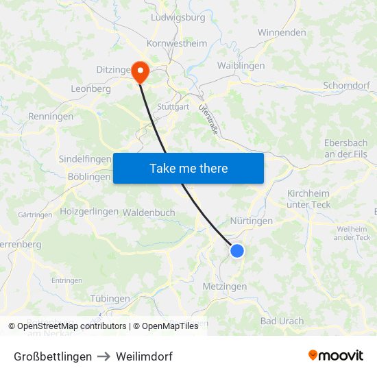Großbettlingen to Weilimdorf map