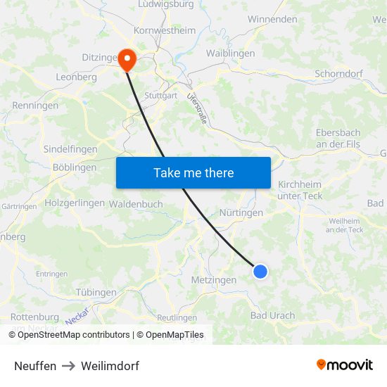 Neuffen to Weilimdorf map