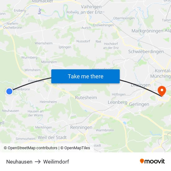 Neuhausen to Weilimdorf map