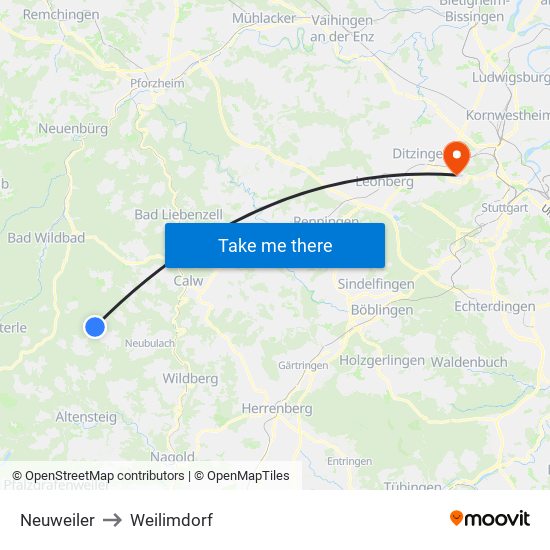 Neuweiler to Weilimdorf map