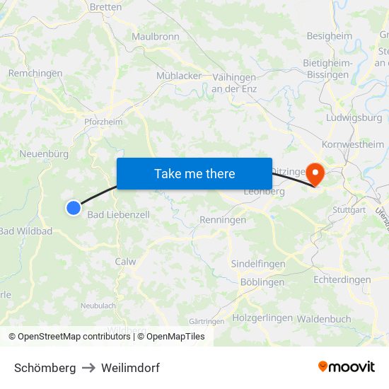 Schömberg to Weilimdorf map