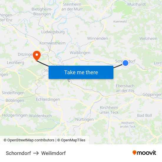 Schorndorf to Weilimdorf map