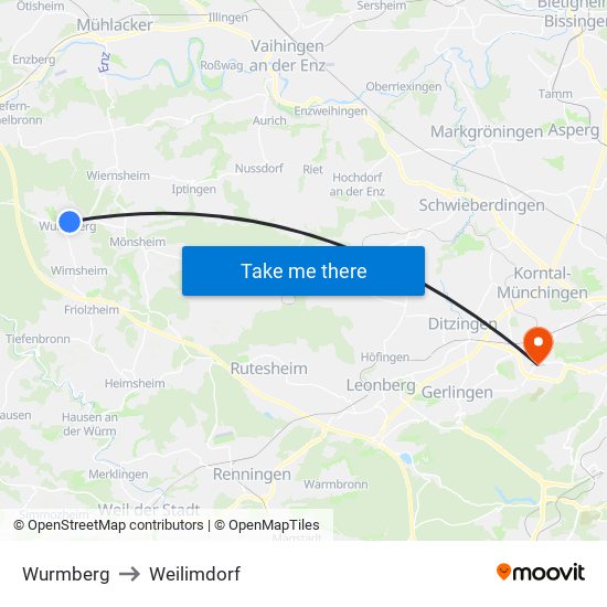 Wurmberg to Weilimdorf map