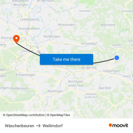 Wäschenbeuren to Weilimdorf map