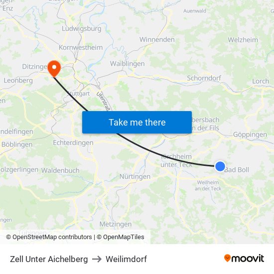 Zell Unter Aichelberg to Weilimdorf map