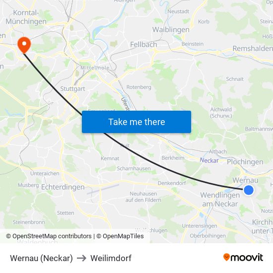 Wernau (Neckar) to Weilimdorf map