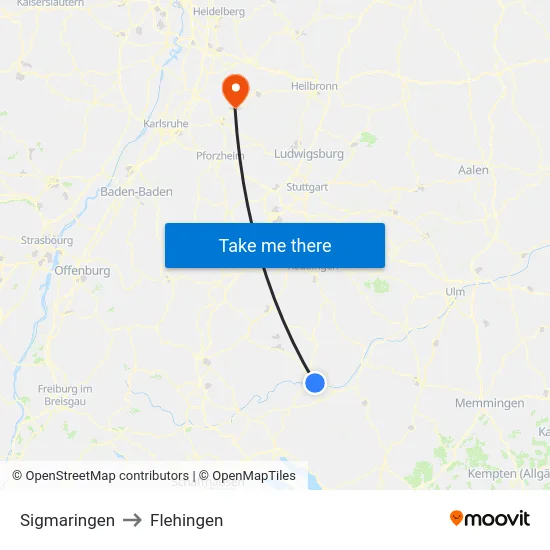Sigmaringen to Flehingen map