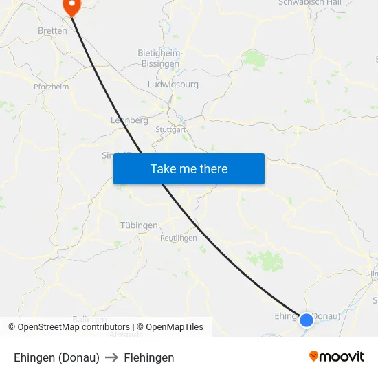 Ehingen (Donau) to Flehingen map