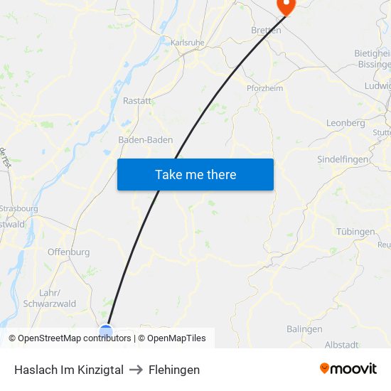 Haslach Im Kinzigtal to Flehingen map
