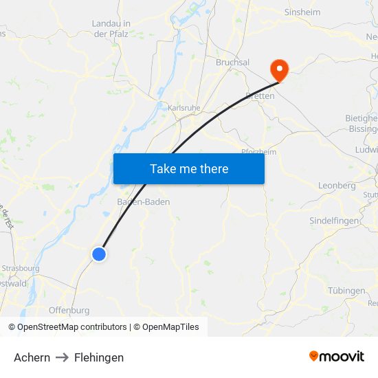 Achern to Flehingen map