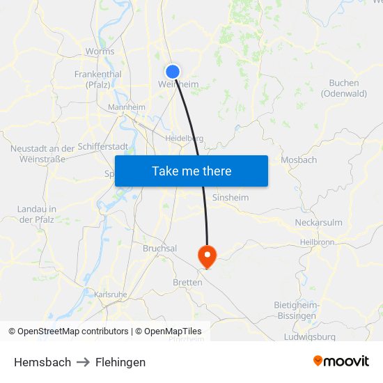 Hemsbach to Flehingen map