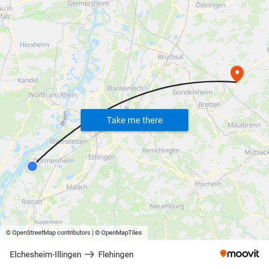 Elchesheim-Illingen to Flehingen map