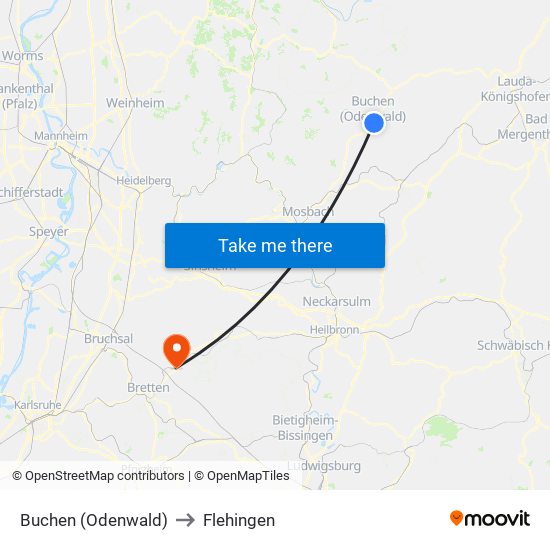 Buchen (Odenwald) to Flehingen map