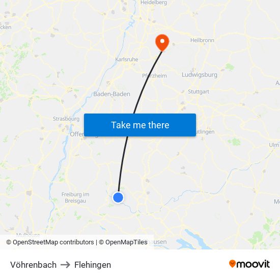 Vöhrenbach to Flehingen map
