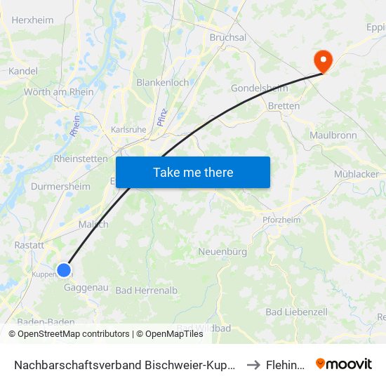 Nachbarschaftsverband Bischweier-Kuppenheim to Flehingen map