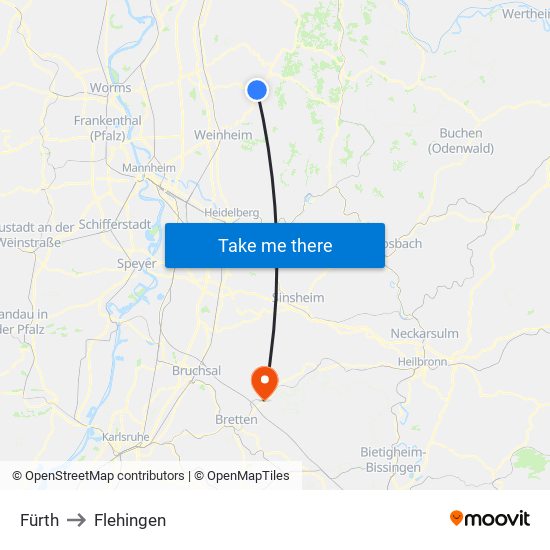 Fürth to Flehingen map