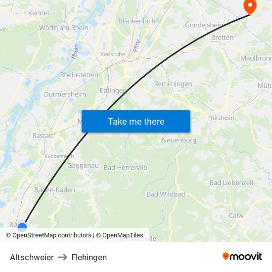 Altschweier to Flehingen map