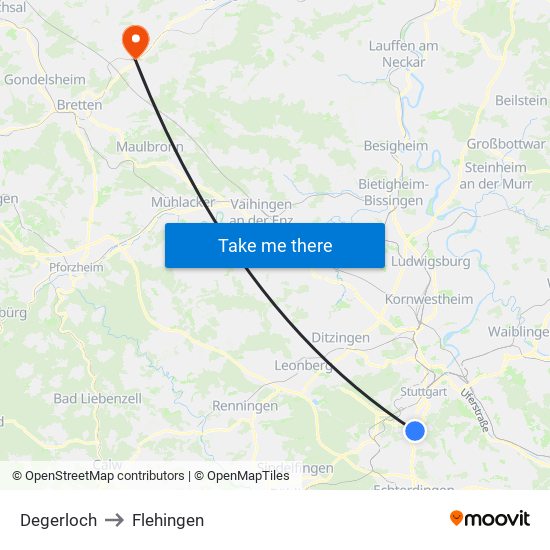 Degerloch to Flehingen map