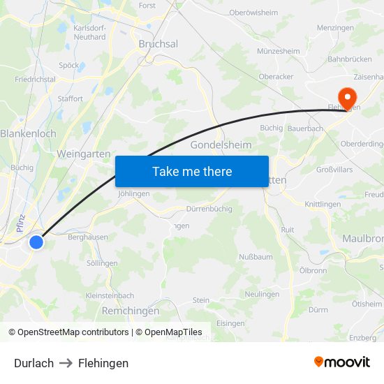 Durlach to Flehingen map