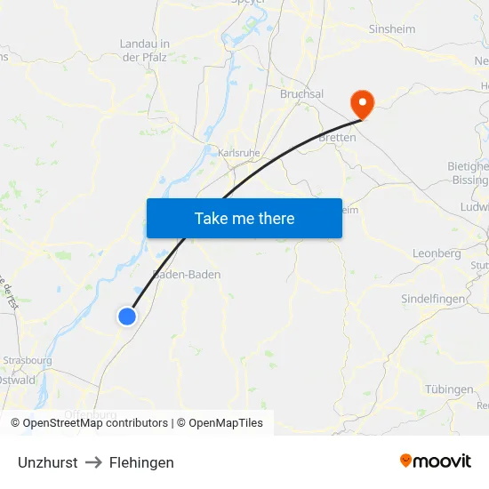 Unzhurst to Flehingen map