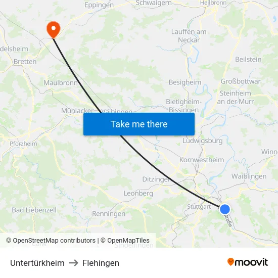 Untertürkheim to Flehingen map