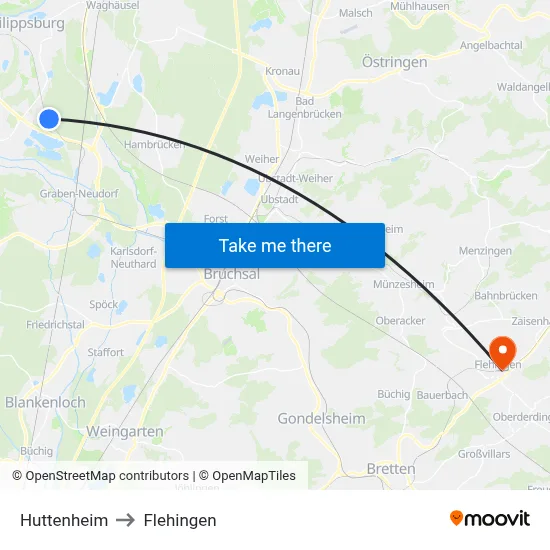 Huttenheim to Flehingen map