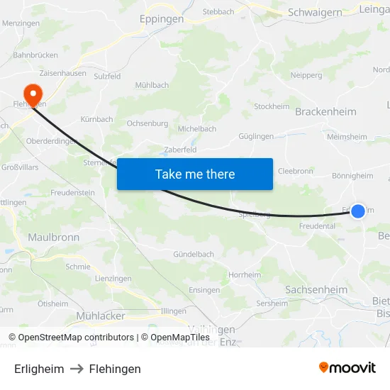 Erligheim to Flehingen map