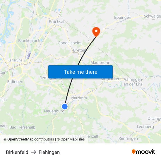 Birkenfeld to Flehingen map