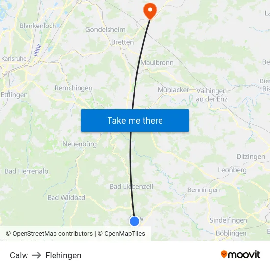 Calw to Flehingen map