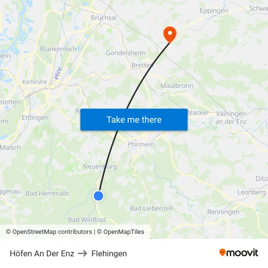 Höfen An Der Enz to Flehingen map