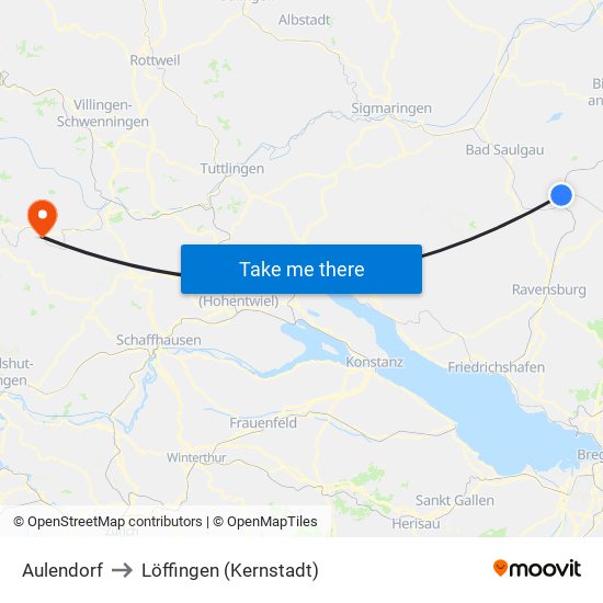 Aulendorf to Löffingen (Kernstadt) map