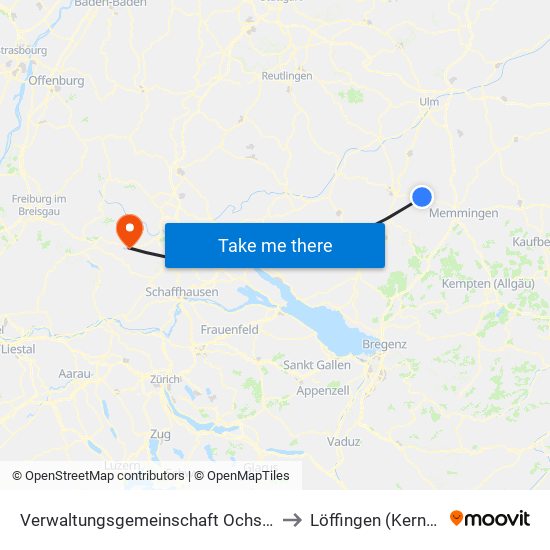 Verwaltungsgemeinschaft Ochsenhausen to Löffingen (Kernstadt) map