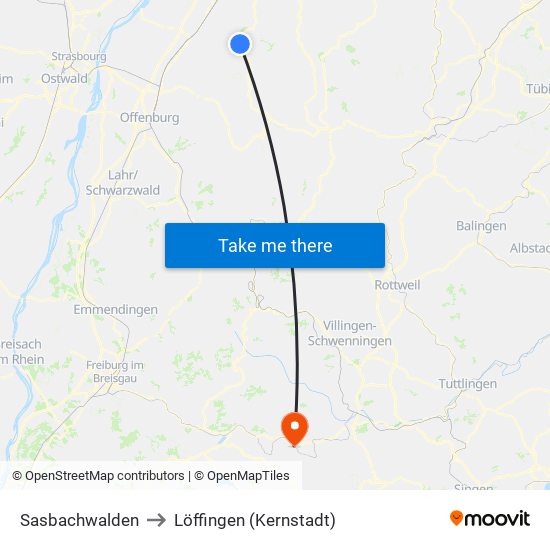 Sasbachwalden to Löffingen (Kernstadt) map