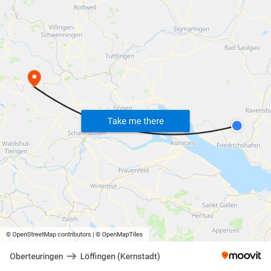 Oberteuringen to Löffingen (Kernstadt) map