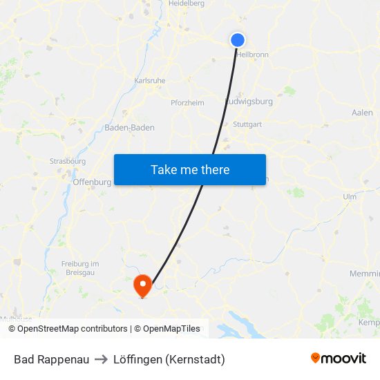 Bad Rappenau to Löffingen (Kernstadt) map