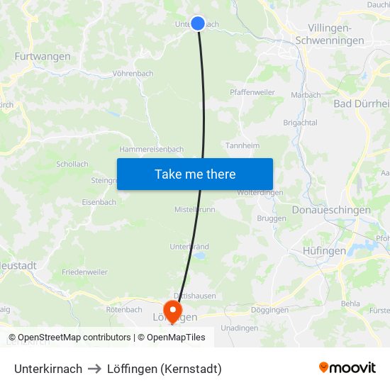 Unterkirnach to Löffingen (Kernstadt) map