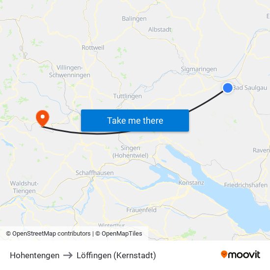 Hohentengen to Löffingen (Kernstadt) map