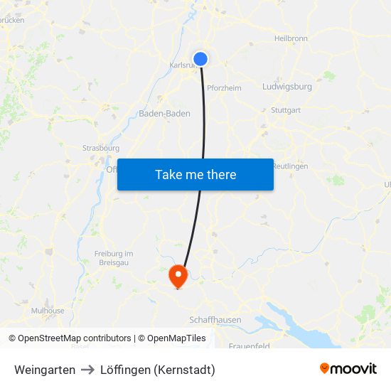 Weingarten to Löffingen (Kernstadt) map