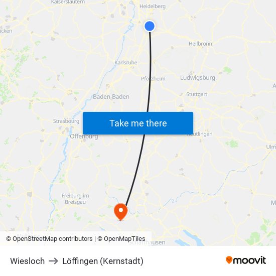 Wiesloch to Löffingen (Kernstadt) map