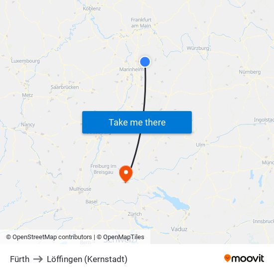 Fürth to Löffingen (Kernstadt) map