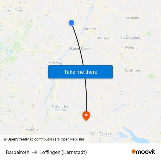 Barbelroth to Löffingen (Kernstadt) map
