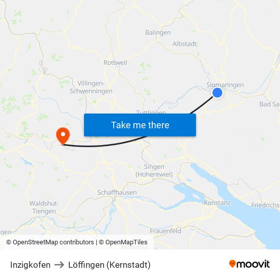 Inzigkofen to Löffingen (Kernstadt) map