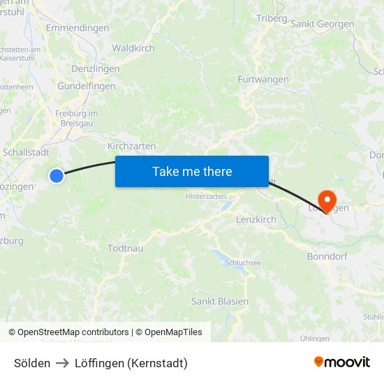 Sölden to Löffingen (Kernstadt) map