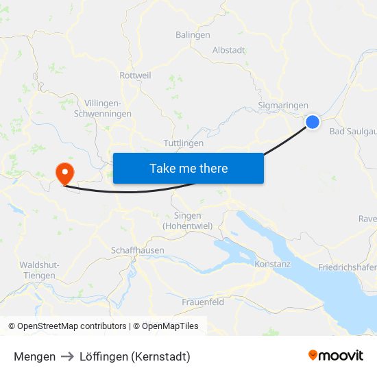 Mengen to Löffingen (Kernstadt) map